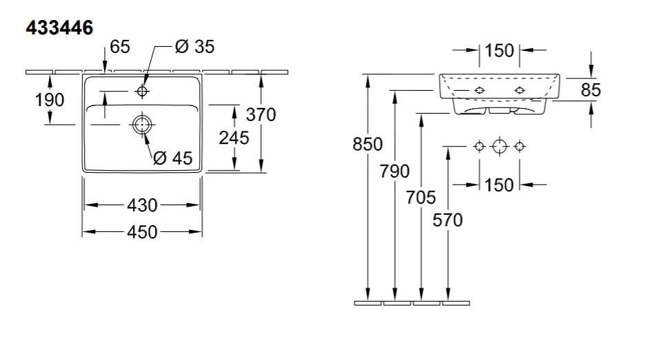 Villeroy & Boch Collaro - Fontein 450x370 Mm, Zonder Overloop, 1 Kraangat, Alpine Wit 43344601 4 Villeroy & Boch Collaro - Fontein 450x370 Mm, Zonder Overloop, 1 Kraangat, Alpine Wit 43344601 - Afbeelding 2