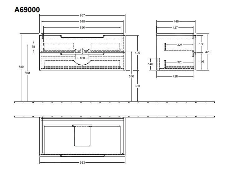 Villeroy & Boch Subway 2.0 - Wastafelkast, 987x420x449 Mm, 2 Laden, Jilm Impresso A69000PN 4 Villeroy & Boch Subway 2.0 - Wastafelkast, 987x420x449 Mm, 2 Laden, Jilm Impresso A69000PN - Afbeelding 2