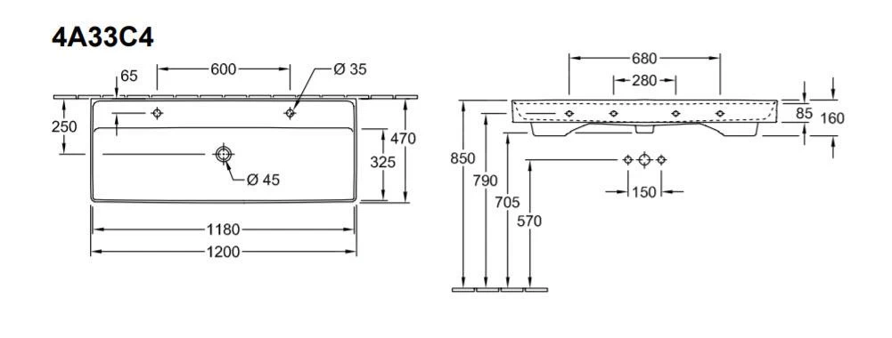 Villeroy & Boch Collaro - Meubelwastafel 1200x470 Mm, Met Overloop, 2 Kraangaten, CeramicPlus, Alpine Wit 4A33C4R1 4 Villeroy & Boch Collaro - Meubelwastafel 1200x470 Mm, Met Overloop, 2 Kraangaten, CeramicPlus, Alpine Wit 4A33C4R1 - Afbeelding 2