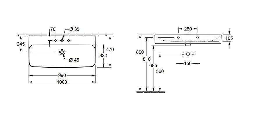 Villeroy & Boch Finion - Wastafel Met Verborgen Overloop, 1000x470 Mm, Met Ceramicplus, Alpine Wit 4168ABR1 4 Villeroy & Boch Finion - Wastafel Met Verborgen Overloop, 1000x470 Mm, Met Ceramicplus, Alpine Wit 4168ABR1 - Afbeelding 2