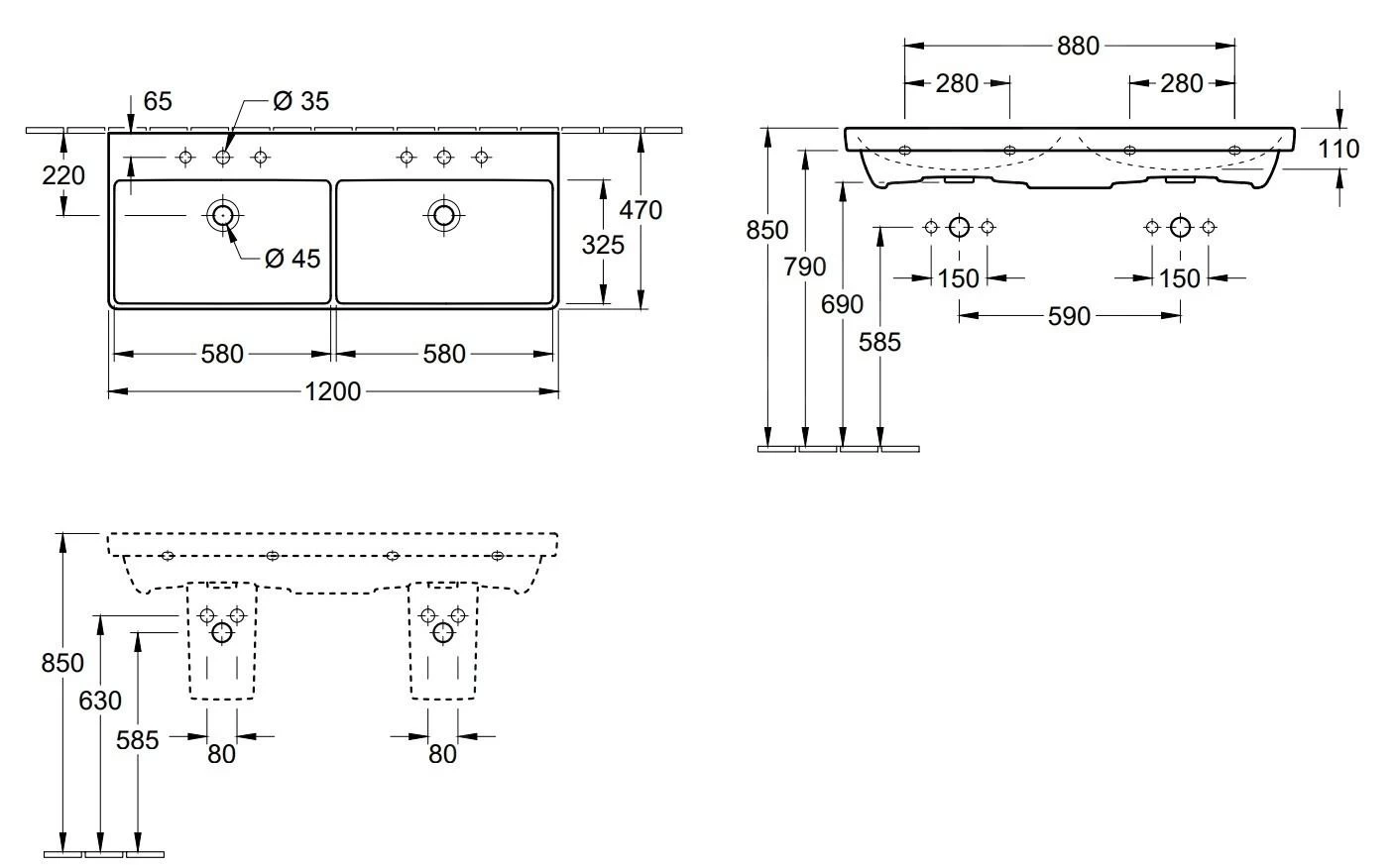 Villeroy & Boch Avento - Dubbele Meubelwastafel 1200x470 Mm, Met Overloop, Kraangaten, CeramicPlus, Stone White 4A23CKRW 4 Villeroy & Boch Avento - Dubbele Meubelwastafel 1200x470 Mm, Met Overloop, Kraangaten, CeramicPlus, Stone White 4A23CKRW - Afbeelding 2