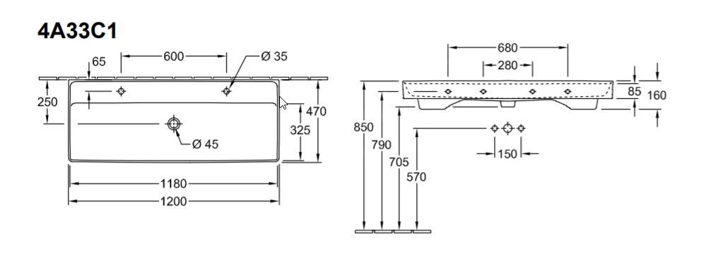 Villeroy & Boch Collaro - Meubelwastafel 1200x470 Mm, Zonder Overloop, 2 Kraangaten, Alpine Wit 4A33C101 4 Villeroy & Boch Collaro - Meubelwastafel 1200x470 Mm, Zonder Overloop, 2 Kraangaten, Alpine Wit 4A33C101 - Afbeelding 2