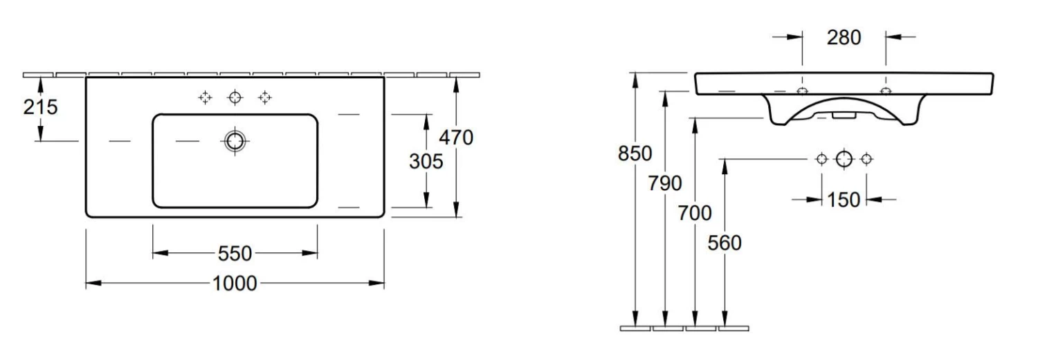 Villeroy & Boch Subway 2.0 - Meubelwastafel 1000x470 Mm, Met Overloop, Kraangat, Alpine Wit 7175A001 4 Villeroy & Boch Subway 2.0 - Meubelwastafel 1000x470 Mm, Met Overloop, Kraangat, Alpine Wit 7175A001 - Afbeelding 2